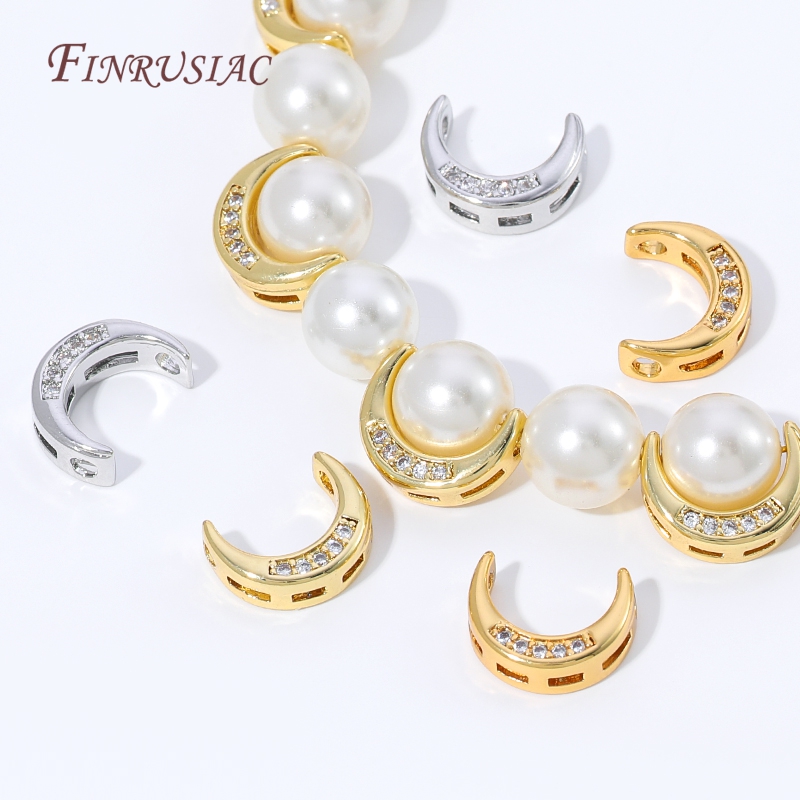 Pearl Necklace - 18K Gold Plated Moon Spacer Beads,CZ