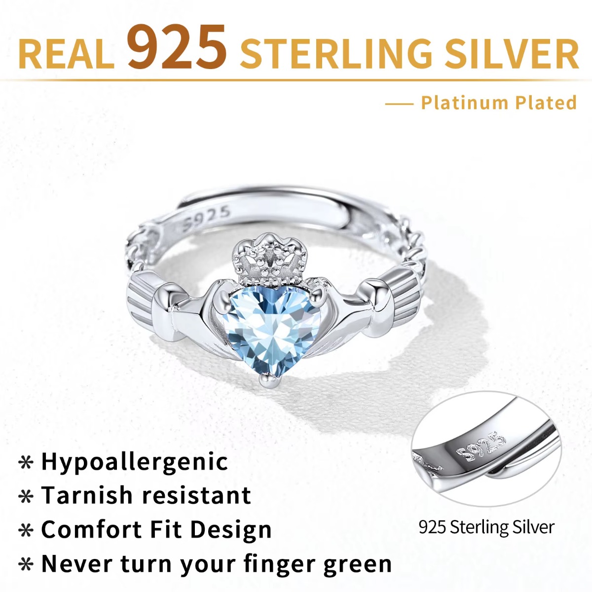 U7 3mm 925 Silver Claddagh Rin - Birthstone Ring Set recension och pris