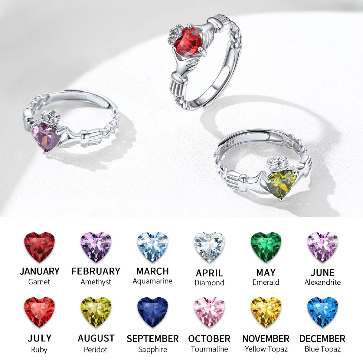 U7 3mm 925 Silver Claddagh Rin - Birthstone Ring Set recension och pris